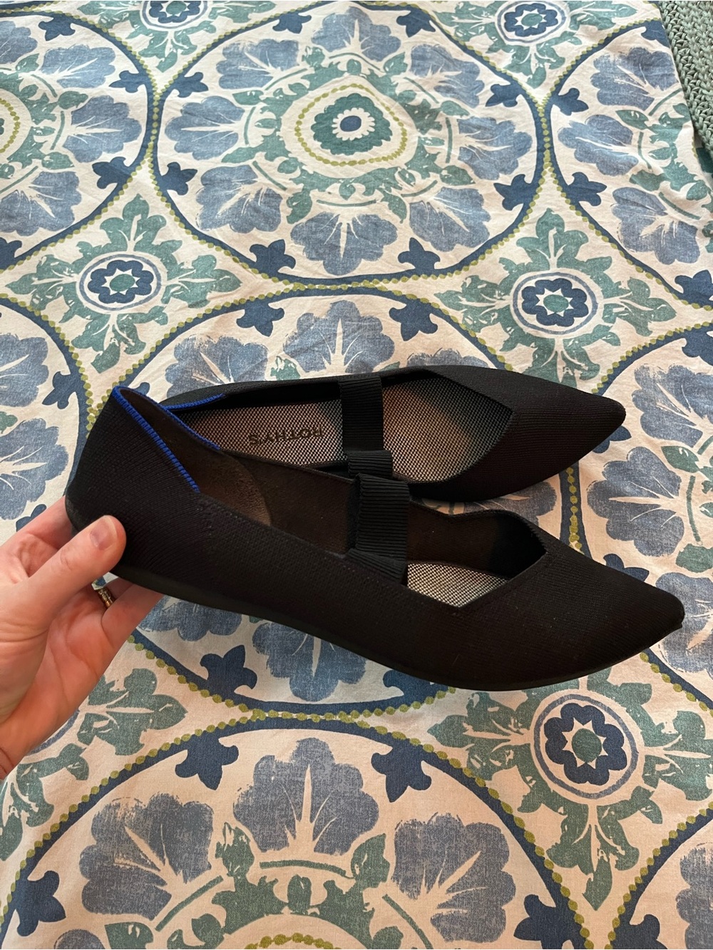 Rothy's Black Pointed Knit Mary Jane Flats with Blue Trim
